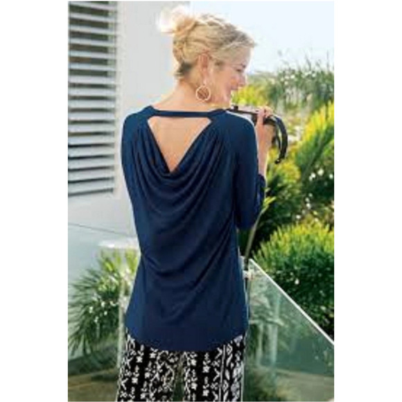 Soft Surroundings Women’s 2X Navy Britannia Draped Back Rayon Top EUC - Picture 1 of 8